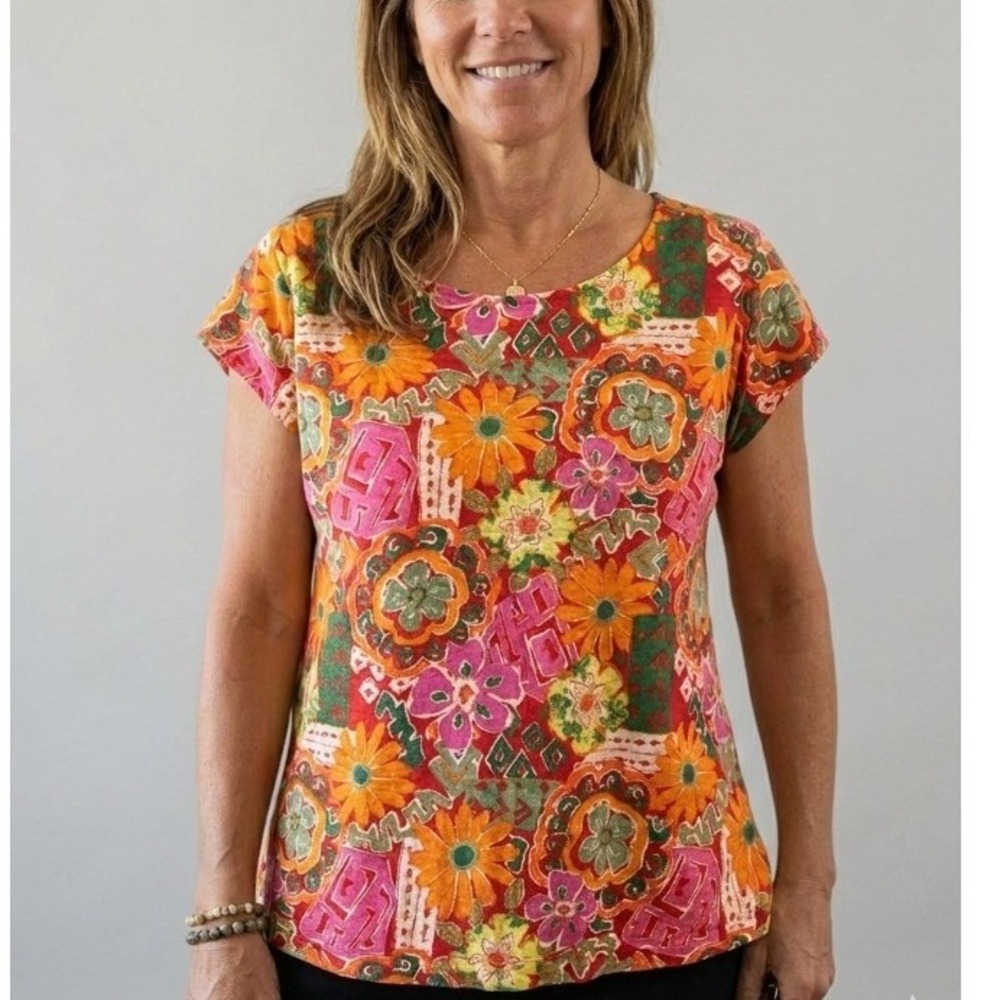Nicole Miller New York‎ Women L Red Floral Linen Cap Sleeve Scoop Neck Top Boho
